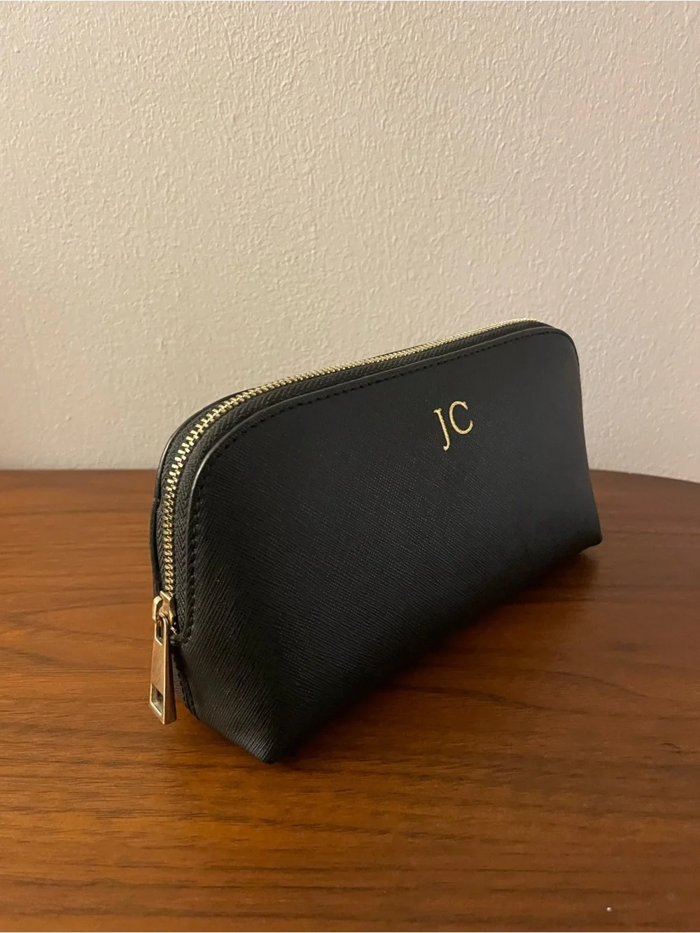 tde. Black Saffiano Cosmetic Zip Pouch with Gold Initials